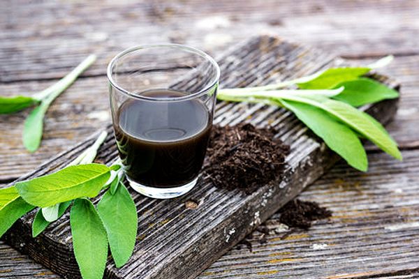 Humic acid in a cup with plants on a cutting board